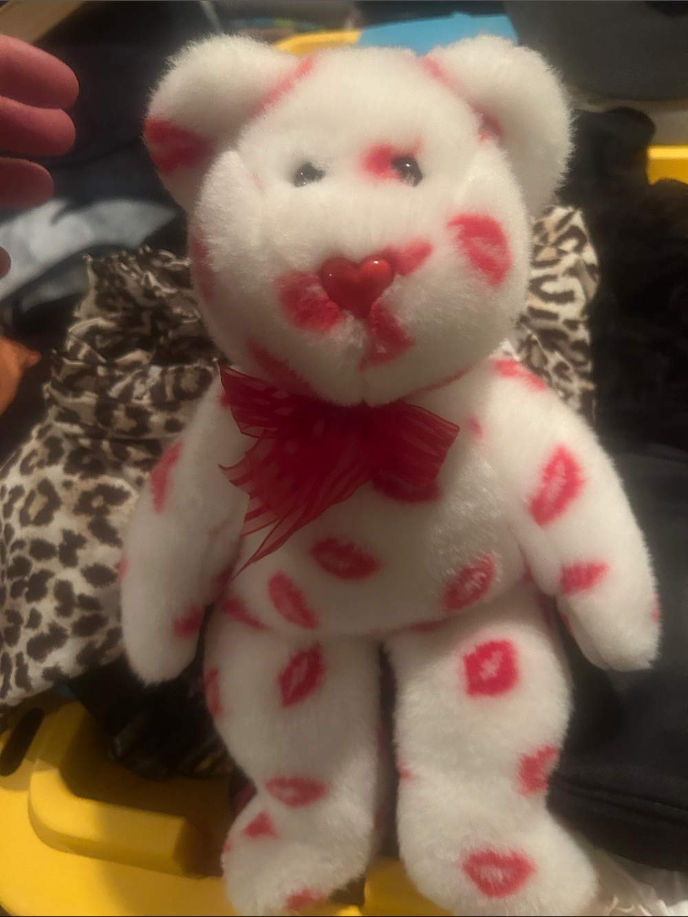White Plush Bear with Red Lip Print & Red Bow